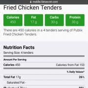 Calories publix chicken tenders. Product details. Crisp, fried boneless tenders double-breaded and cooked to perfection. Served fresh chilled with a side choice of sauce. Serves 18. 220 Cal/Tender. Sauce 30 Cal - 80 Cal/TBSP. Served Fresh Chilled. 24 Hours Advance Notice Required. If the item is needed sooner, please call your Publix store. 