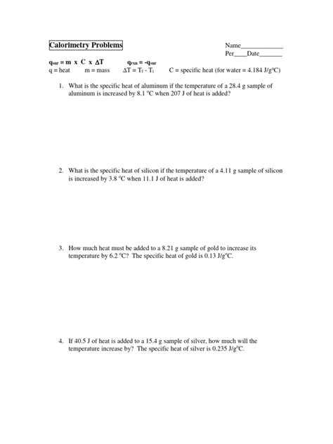 Calorimetry Problems Worksheet PDF
