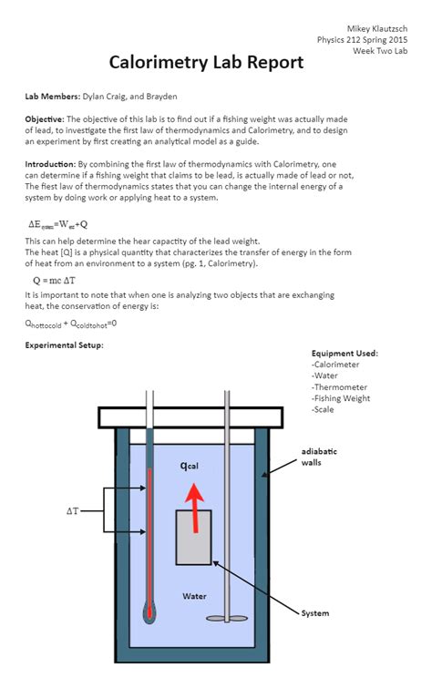 Calorimetry experiment.  After Lab Procedure - Department of Chemistry & Bioc...