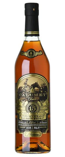 Calumet 15. 52.5% ABV, 750 ml, Non-Chill Filtered. 74% Corn, 18% Rye, 8% Malted Barley. "Calumet Farm Single Rack Black 15 Year Old Bourbon Whiskey is the pinnacle of the Calumet Farm Bourbon family. It represents the premium quality our brand is known for, as well as the hard-earned badge of patience. Allowing our bourbon to age slowly in Kentucky-only ... 