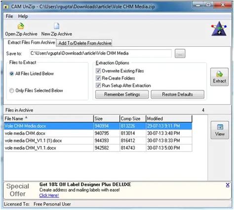 CAM UnZip is an easy-to-use ZIP file utility that opens, creates and modifies ZIP files quickly and easily. It opens files created by WinZip, 7-Zip and other similar zip utilities. Features include: UnZip any ZIP file archives quickly and easily List files in the archive, extract all or selected files Create new ZIP files and easily add/remove .... 