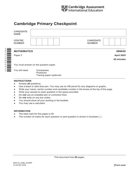 Cambridge primary checkpoint mathematics paper 1 april 2025 mark scheme.  Cam...