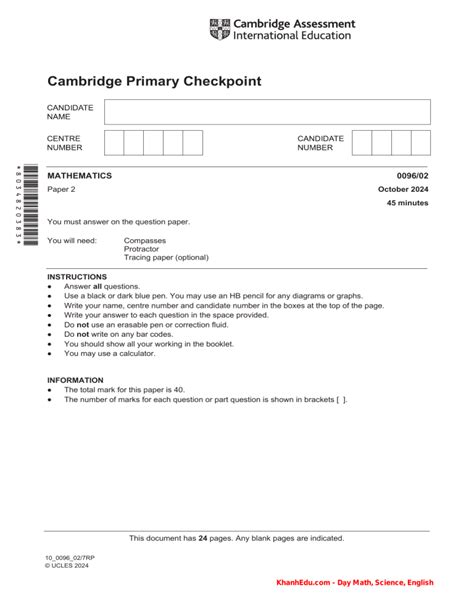 Cambridge primary checkpoint mathematics paper 2 october 2024.  Checkpoin...