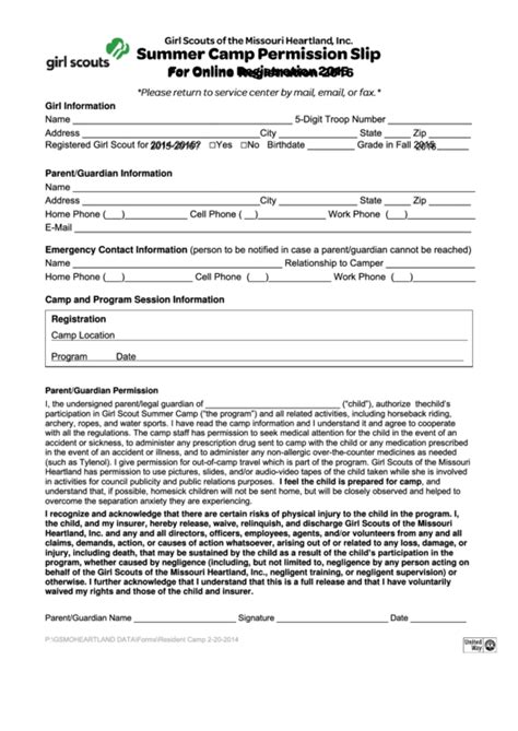 Camp Permission Slip Template