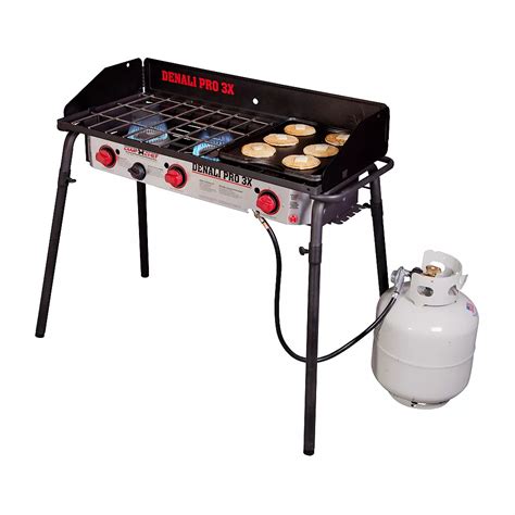 16 IN X 24 IN. COOKING AREA. 384 IN². WEIGHT. 28 LBS. Fits With: 16. Compare with Another Model. Camp Chef's Expedition 3X stove comes with a three-sided windscreen, paper towel holder, tool hook, and a pre-seasoned griddle that's ready for cooking right out of the box. This is the 3 burner camp stove you need to upgrade your outdoor kitchen.. 