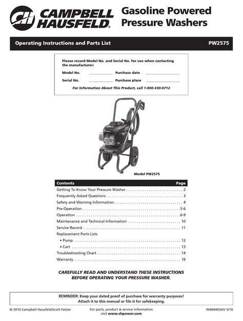 Campbell hausfeld pressure washer repair manual. - Manuale di servizio di briggs e stratton 1450.