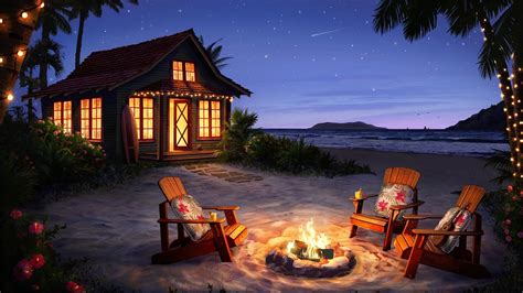 Campfire by the Sea Ambience Crackling Fire, Ocean …