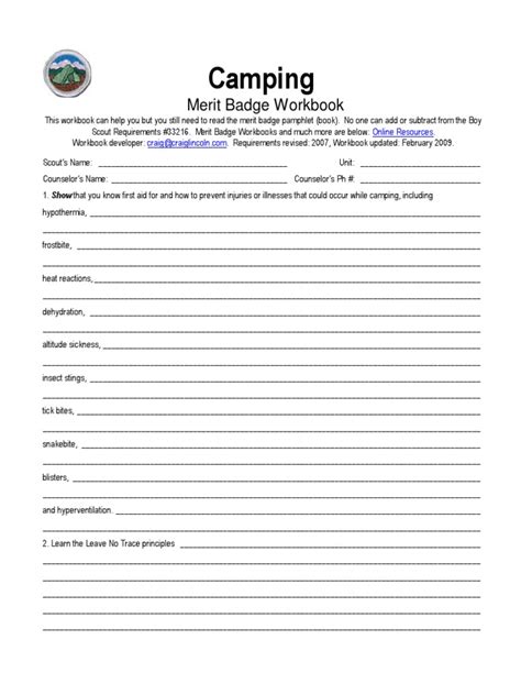 Camping merit badge workbook. Geocaching - Merit Badge Workbook Page. 11 of 11 When working on merit badges, Scouts and Scouters should be aware of some vital information in the current edition of the Guide to Advancement (BSA publication 33088). Important excerpts from that publication can be downloaded from 