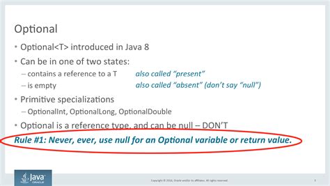 Can an optional be null java.  While Optional offers a way to avoid nulls, it doesn&rsquo;t ...