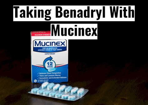 May 9, 2023 · Yes, you can take Benadryl and Mucinex safely together. Benadryl contains Diphenhydramine, which is a first-generation antihistamine (1). It can help relieve a variety of allergy symptoms like sneezing, runny nose, watery and itchy eyes, hives, etc. Benadryl is a sedative and it is often used to induce sleep (1). . 