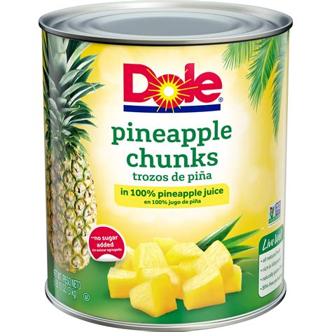 Can pineapple juice. DOLE Pineapple Juice is 100% juice, so it's full of natural vitamins with no added sugar or genetically modified ingredients. It is gluten free and makes for a ... 