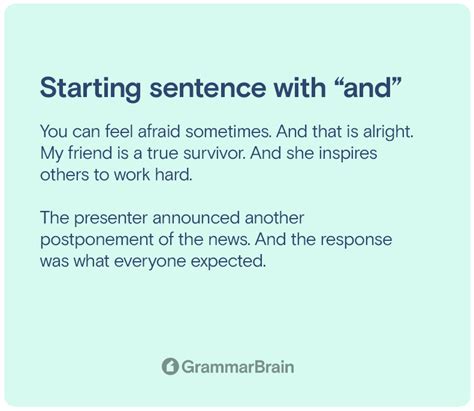 Can you start a sentence with and. Myth: Don't start a sentence with a coordinating conjunction. Published on March 20, 2015 by Shane Bryson.Revised on July 23, 2023. This rule is a provisional one, meant to help beginning writers to see the differences between oral and written communication.. Whereas in speech we very often use … 
