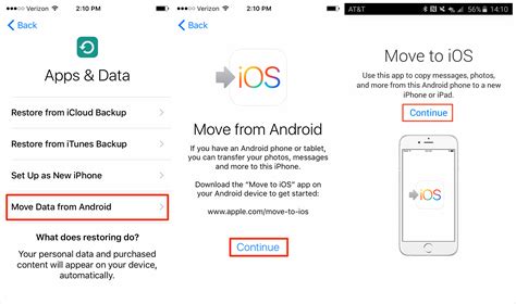 Can you transfer data from android to iphone. Tap on Move Data from Android . Open the Move to iOS app on your Android phone, and tap Continue . Accept the terms and conditions on Android. Then, tap Continue on your iPhone. Your iPhone will ... 