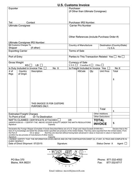 Canada Customs Invoice in Word and Pdf formats