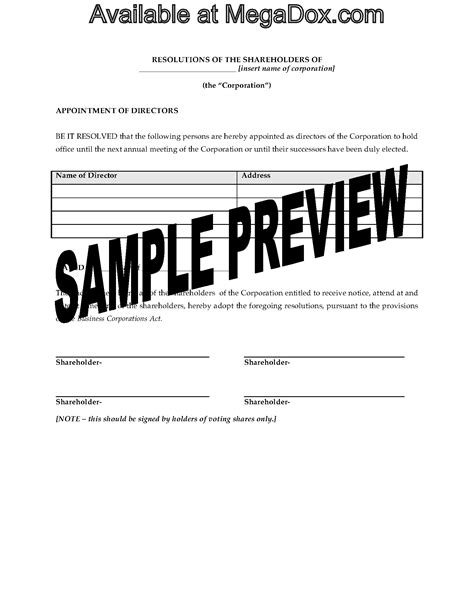 Canada Shareholders Resolution Appointing Directors Legal Forms and