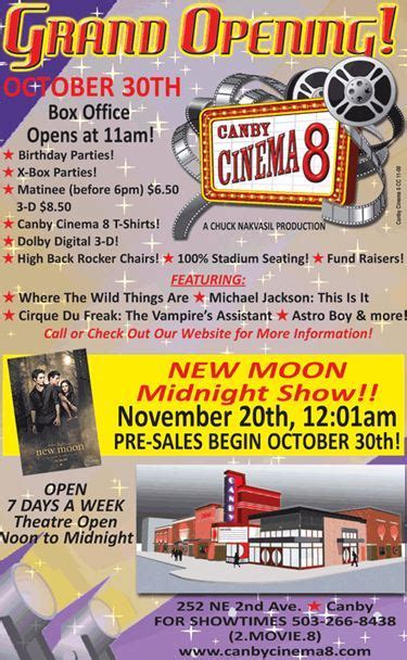 Canby 8 cinema. Theater Managers: Update Theater Information. Get Facebook Links. Canby Cinema 8. 252 NE 2nd Avenue. Canby, OR 97013. Message: 503-266-8438 more ». Add Theater to Favorites. 0. 