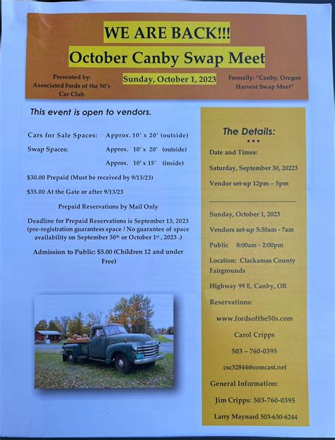 Canby oregon swap meet. A place to buy, sell or trade for residents of Canby, Oregon. Surrounding area people are free to join, but transaction must take place in Canby, unless both parties agree otherwise. Group... 