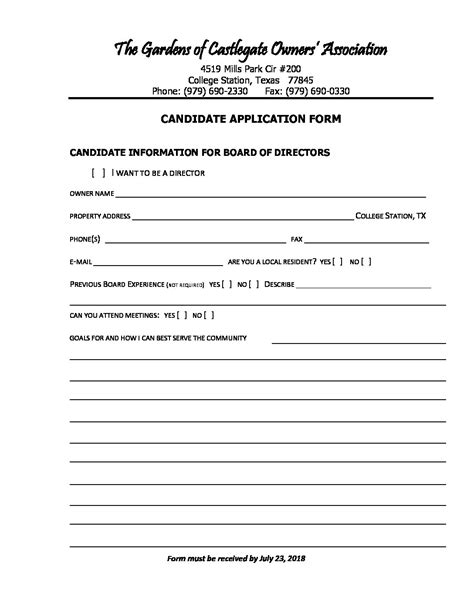 Candidate Application Form Castlegate HOA