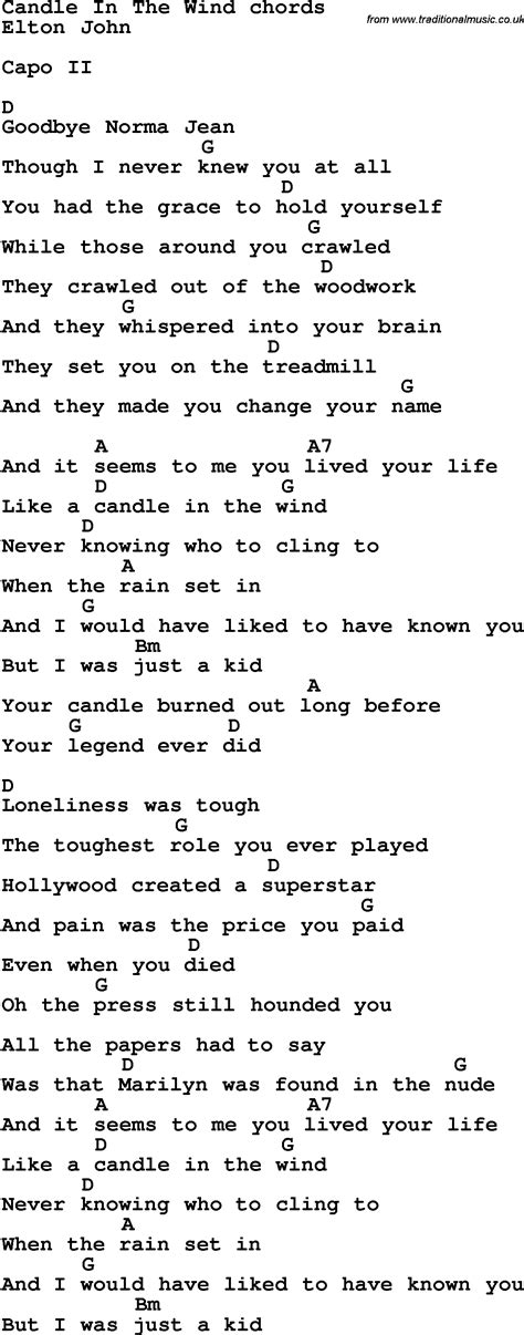 Candle in the wind lyrics. Album: Goodbye Yellow Brick Road. Genre: Pop Rock / Soft Rock. Released: 1974. Candle in the Wind is a moving song that perfectly illustrates how wind can be utilized in the lyrics of a song. It was initially a tribute song to the late Marilyn Monroe and reached number 11 in the UK charts. 
