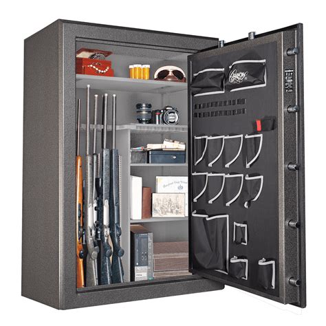 Cannon 64 gun 30 minute fireproof safe. Fire Protection Up to 60 min Electronic Lock Configuration Alphanumeric Key Pad Handle Design 5 Spoke Hinge Design TruLock (TM) Internal Exterior Width 40 in Exterior Depth 24 in Exterior Height 59 in Superior Security 