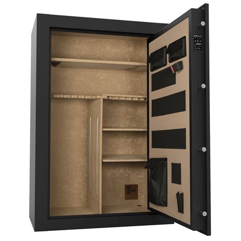 Features: 64 plus 4 capacity gun safe with convertible shelving. 1400 degree F fire rating for up to 30 minutes. Five 1″ locking bolts. Electronic lock. Door storage for smaller accessories and handguns. Fully carpeted interior and barrel …. 