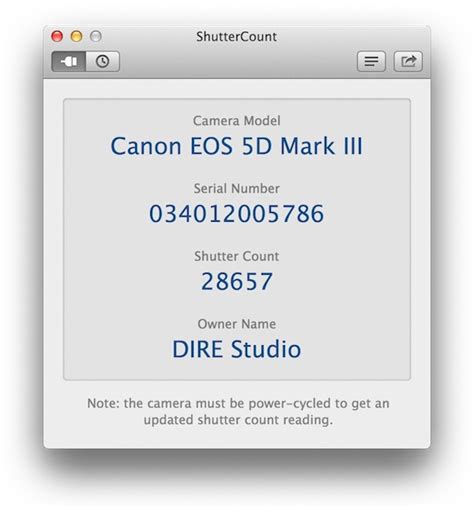 Canon Shutter Count EOSCount (Windows and Mac).
