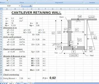 Cantilever retaining wall sheet excel Civil engineering program