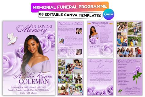Canva funeral program template.  Editable 4-page Canva funeral program template with a sim...