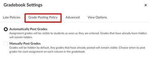 Canvas grade posting policy.  A The Gradebook has a Grade Posting Policy function t...