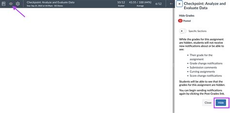 Canvas hide comments while grading.  The visibility icon (1) and the word When assig...