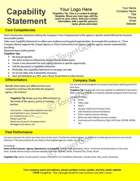 Capability Statement Editable Template Yellow TargetGov TargetGov