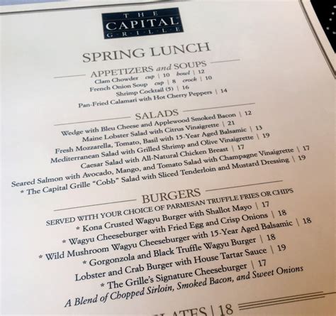 Capital grill lunch menu. The Capital Grille. Claimed. Review. Share. 369 reviews #1 of 124 Restaurants in Cherry Hill $$$$ Steakhouse Wine Bar Vegetarian Friendly. 2000 Route 38, Cherry Hill, NJ 08002-2100 +1 856-665-5252 Website Menu. Closed now : See all hours. 