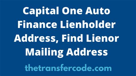 Which Capital One auto finance lien holder address is:PO Box255605Sacramento, CA 95865. Tags Cars & Vehicles Car Buying Auto Loans and Financing Liens . Subjects. Animals ... The Big One auto corporate lien holder address is:PO Box 255605. Sacramento, CA 95865. Wiki User.