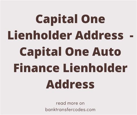 Capital one lienholder address. The Capital One customer service number is 1-800-955-7070. The capital One lienholder address is PO Box 660068 Sacramento, CA 95866. Use this address if you need the official lienholder mailing address. This is the Capital One mailing address in the US. 