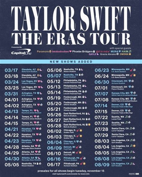 Aug 9, 2023 · Swift will be playing six shows at Toronto's Rogers Centre next November, the only shows in Canada in 2024. The first two dates, Nov. 14 and 15, go on sale at 11 a.m. and 1 p.m. ET on Wednesday ... . 