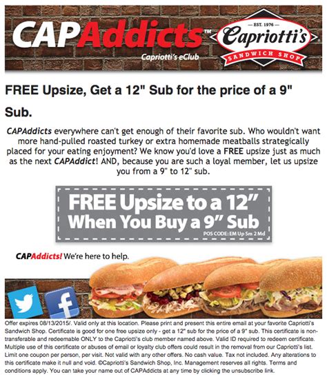 Capriotti's coupons. CouponAnnie can help you save big thanks to the 7 active discounts regarding Capriotti's. There are now 3 promotion code, 4 deal, and 1 free delivery discount. For an average discount of 0% off, customers will receive the lowest price reductions up to 0% off. The top discount available currently is 0% off from "Receive Exclusive Benefits When ... 