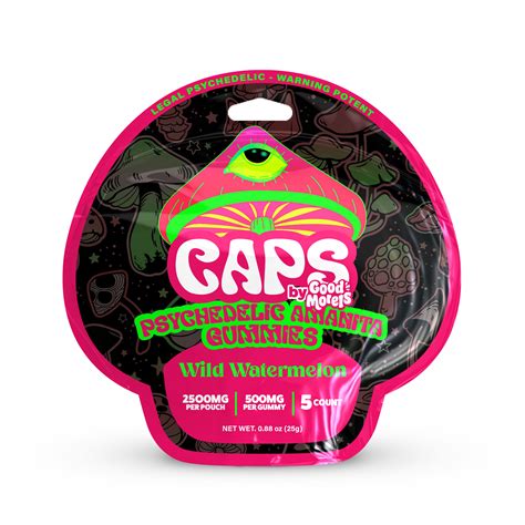 Caps by good morels. Caps amanita muscaria gummies come in a 5ct resealable bag. Every cute mushroom-shaped gummy contains 1000mg of amanita muscaria extract. This puts each pack at a total of 5000mg of active ingredients! Good Morels has launched this line with nine mouthwatering flavors that will have users returning for more. Flavor Profiles: 