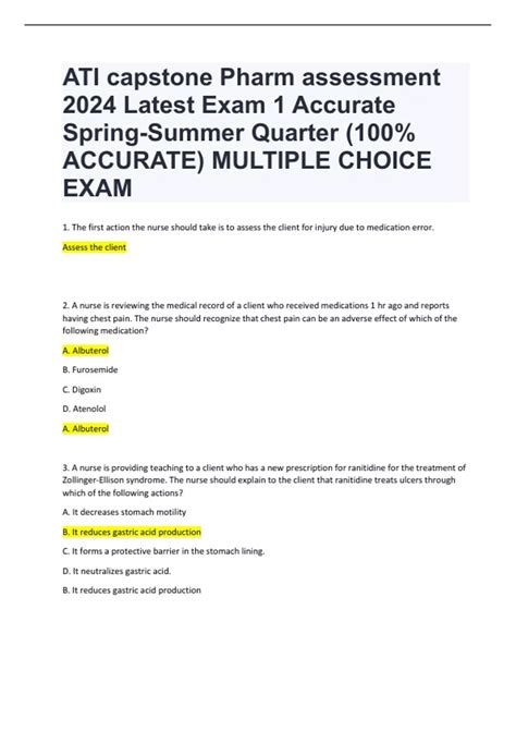 Capstone pharm assessment 1. Ati Capstone Pharm Pre Assessment 49 97 items Capstone Pharmacology assessment 1: Questions & Answers; Latest Updated: Guaranteed A+ Score a nurse is caring for a client who is receiving morphine, what assessment is priority (Ans- RR a nurse is assessing a client who has been using beclom... 