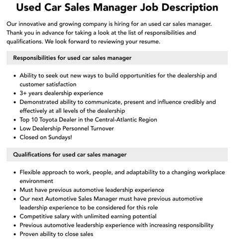 Car Sales Manager Job Description Velvet Jobs