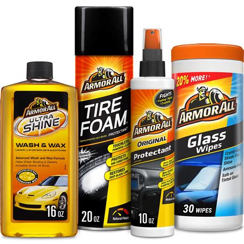 Car cleaning kits. Car Cleaning Supplies: One 9-piece Armor All Extreme Shield plus Ceramic Car Protectant Kit ; All-in-One Car Care Kit: Provides everything you need to everyday proof your vehicle, including a car wash pad, car wash towels, Armor All Original Protectant Spray and Armor All Extreme Shield plus Ceramic glass cleaner, car wash, wheel and tire cleaner 