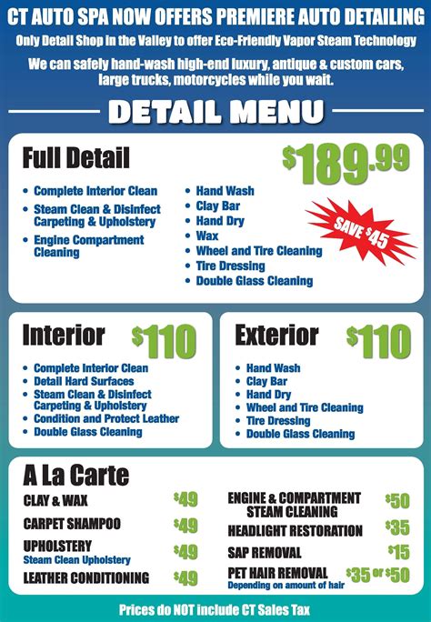Car detailing prices. Car Detailing Prices. Check out our Car Detailing Pricing below, Select your vehicle type and see upfront prices for Interior and exterior detailing, along with mold removal, steam cleaning … 