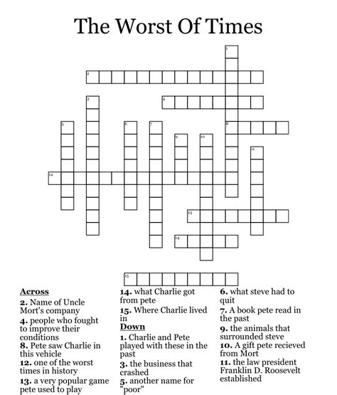 POSSIBLE CLUES FOR "THE WORST OF TIMES" # CLUE: 1. Dickens of a beleaguered era, so it was, penned for Paris and London! (3,5,2,5) Crossword Solver. ... According to The New York Times, a crossword clue is "a hint that the solver must decipher to find the answer that is then entered into the puzzle grid." Depending on the puzzle type, clues .... 