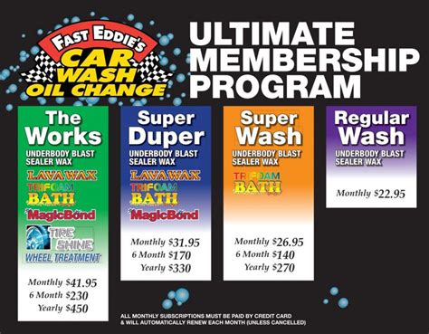 Car wash memberships. GET UNLIMITED CAR WASHES WITH A MONTHLY MEMBERSHIP. Get your car washed as many times as you want for an entire month. It’s simple: choose a plan, we’ll swipe your card, and you come in any time for a wash—any (or every) day of the month. ... Purchase a 3 or 12-month prepaid membership instead! Plus, enjoy membership perks, like half-off ... 