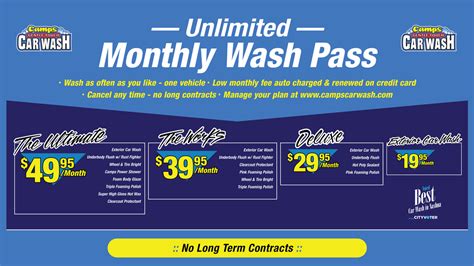 Car wash monthly pass. ULTIMATE WASH PASS The Ultimate Wash Pass is a reloadable card which entitles the cardholder to one Ultimate wash per day during a thirty (30) or ninety (90) day term. ... No, the Ultimate Wash Pass is not eligible for Clean Car Club stamps. Do Ultimate washes purchased or redeemed using the Ultimate Wash Pass … 