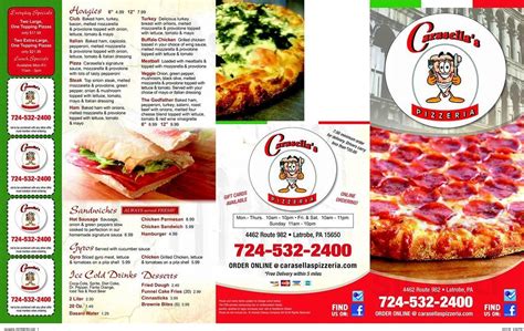 Carasella's pizzeria menu. Carasella's Pizzeria menu #3 of 32 pizza restaurants in Latrobe. Tin Lizzy menu #16 of 92 restaurants in Latrobe. Miscellaneous Items. Toss Salad. $3.50. Chili Bucket. $21.95. Chili Bowl with Rice. $3.95. Drinks. Soft Drinks. Slush. Floats. Menu added by users March 28, 2020. Menu added by users February 19, 2020. 