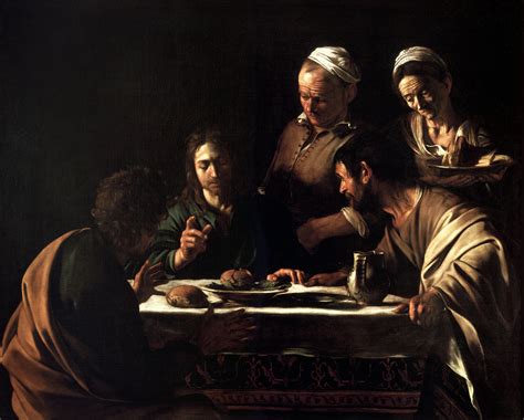 Caravagio. Location. National Gallery, London. The Supper at Emmaus is a painting by the Italian Baroque master Caravaggio, executed in 1601, and now in London. It depicts the Gospel story of the resurrected Jesus 's appearance in Emmaus . Originally this painting was commissioned and paid for by Ciriaco Mattei, brother of cardinal Girolamo Mattei . 