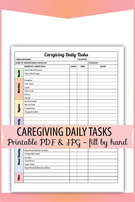 Care Giving Caregiver Daily Tasks Form Printable PDF & JPG