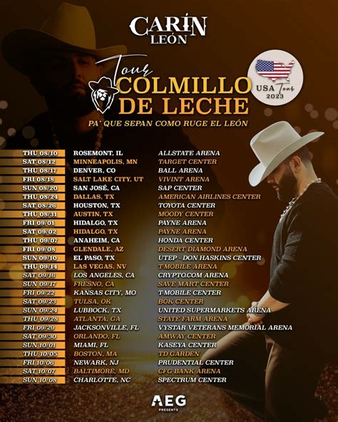 Oct 26, 2023 · Carin Leon Full Tour Schedule 2023 & 2024, Tour Dates & Concerts – Songkick. Carin Leon tour dates 2023. Carin Leon is currently touring across 1 country and has 1 upcoming concert. The final concert of the tour will be at The Fillmore Miami Beach at Jackie Gleason Theater in Miami Beach. . 