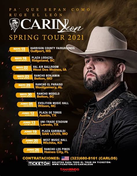 Find tickets from 57 dollars to Carin Leon on Saturday October 19 at 8:00 pm at Amalie Arena in Tampa, FL. Oct 19. Sat · 8:00pm. Carin Leon. Amalie Arena · Tampa, FL. From $57. Find tickets to Carin Leon - Boca Chueca Tour 2024 on Sunday October 20 at 8:00 pm at Amerant Bank Arena in Sunrise, FL. Oct 20.. 