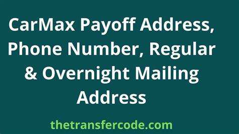 Carmax payoff overnight address. Nov 20, 2023 · 225 Chastain Meadows Court. Suite 210. Kennesaw, GA 30144. Please note that overnight payoffs must be received by 5:00 PM EST in order to be processed the same day. Payments received after 5:00 PM EST will not be processed until the following business day. Additional Payment Options. 